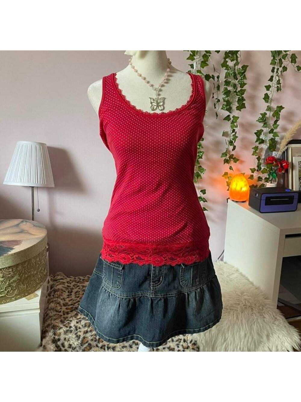 2000s EDC red polka dot lace trim tank top